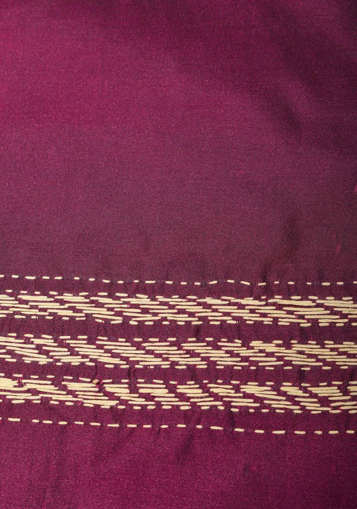 Plum Art Silk Saree with Cream Kantha Embroidery Floral Jaal with Paisley Vines Pallu