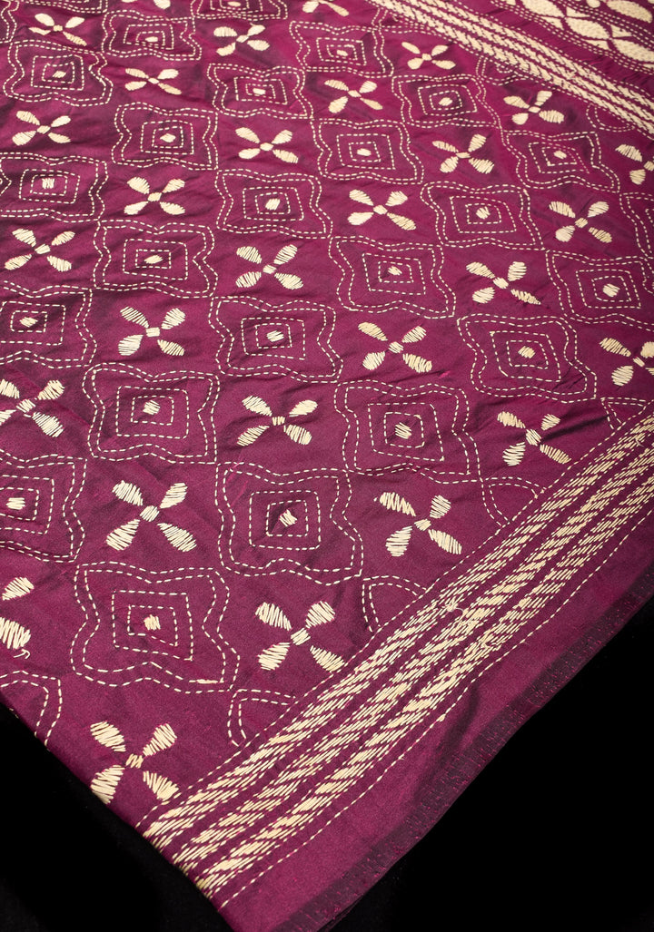Plum Art Silk Saree with Cream Kantha Embroidery Floral Jaal with Paisley Vines Pallu