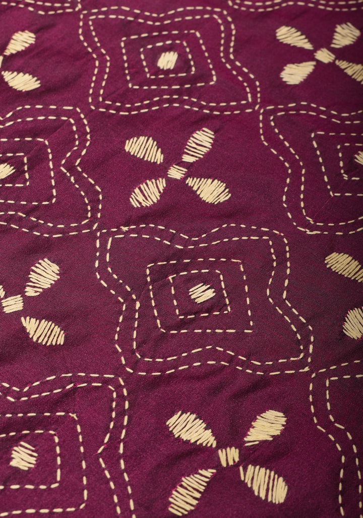 Plum Art Silk Saree with Cream Kantha Embroidery Floral Jaal with Paisley Vines Pallu
