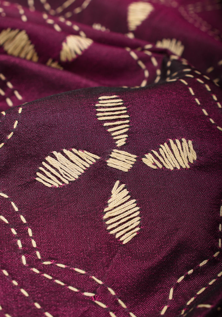 Plum Art Silk Saree with Cream Kantha Embroidery Floral Jaal with Paisley Vines Pallu