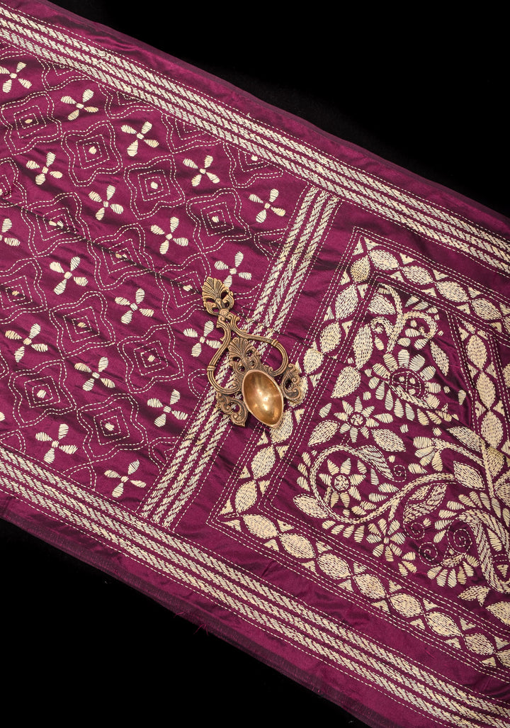 Plum Art Silk Saree with Cream Kantha Embroidery Floral Jaal with Paisley Vines Pallu