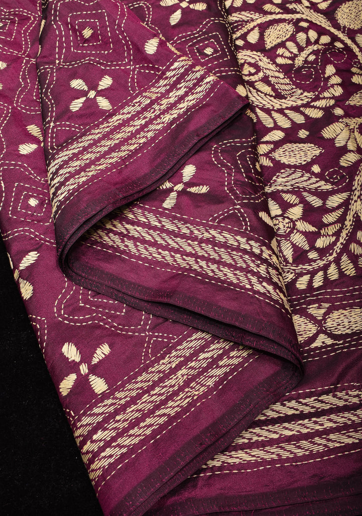 Plum Art Silk Saree with Cream Kantha Embroidery Floral Jaal with Paisley Vines Pallu