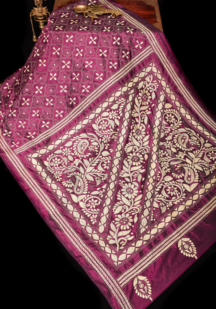 Plum Art Silk Saree with Cream Kantha Embroidery Floral Jaal with Paisley Vines Pallu