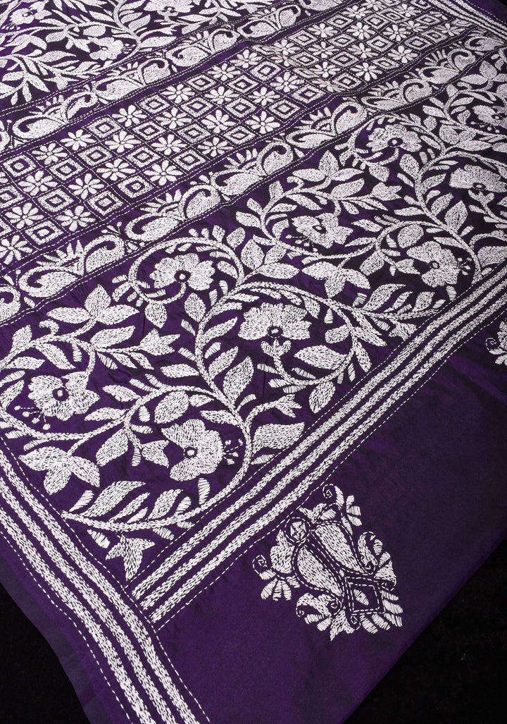 Kantha Embroidery in White Mono Color on Purple art silk saree