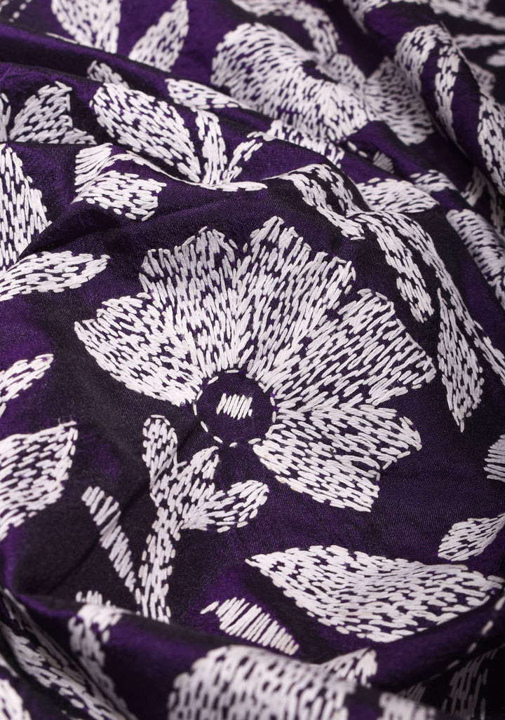 Kantha Embroidery in White Mono Color on Purple art silk saree