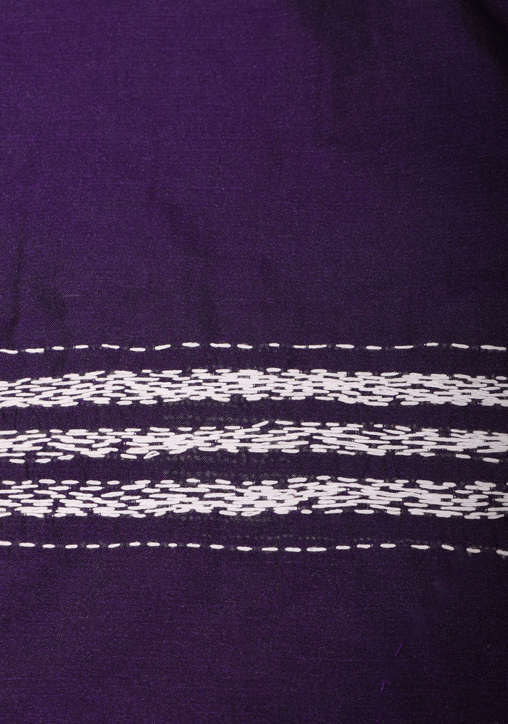 Kantha Embroidery in White Mono Color on Purple art silk saree