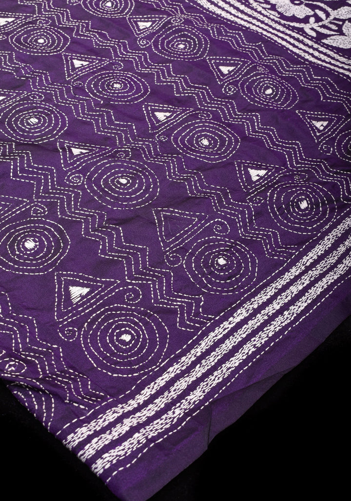 Kantha Embroidery in White Mono Color on Purple art silk saree