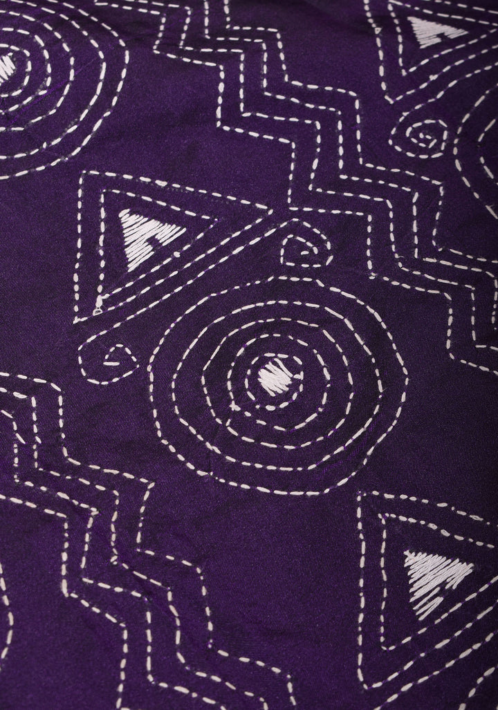 Kantha Embroidery in White Mono Color on Purple art silk saree