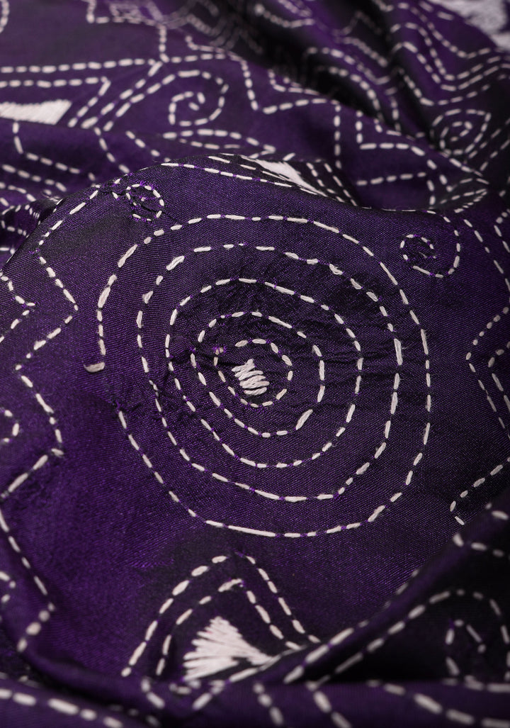 Kantha Embroidery in White Mono Color on Purple art silk saree