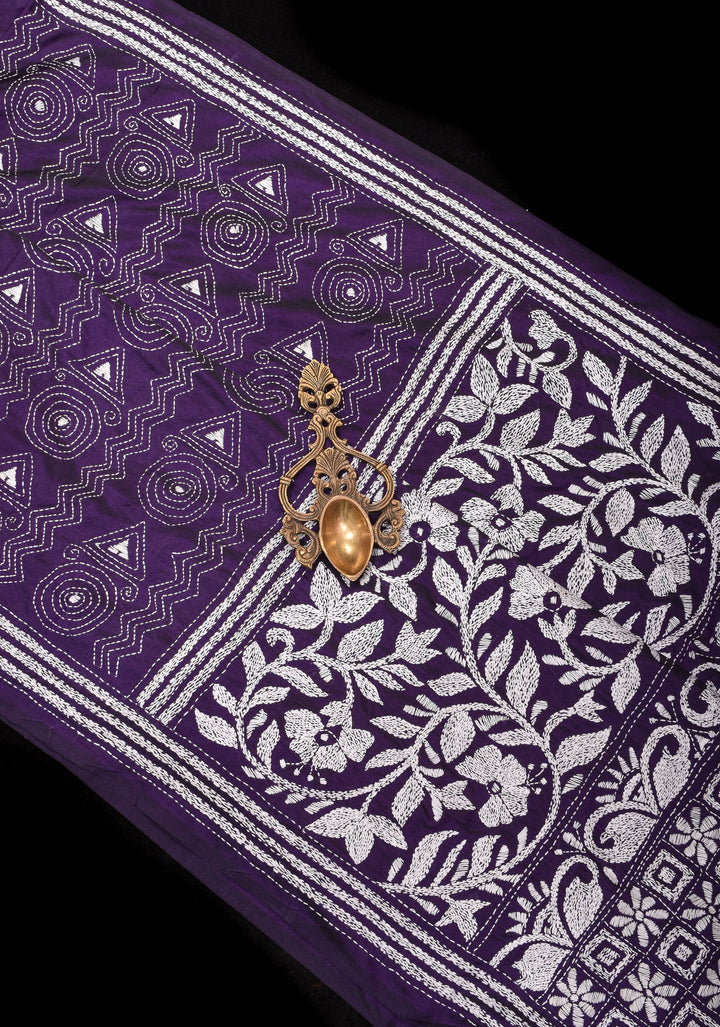 Kantha Embroidery in White Mono Color on Purple art silk saree
