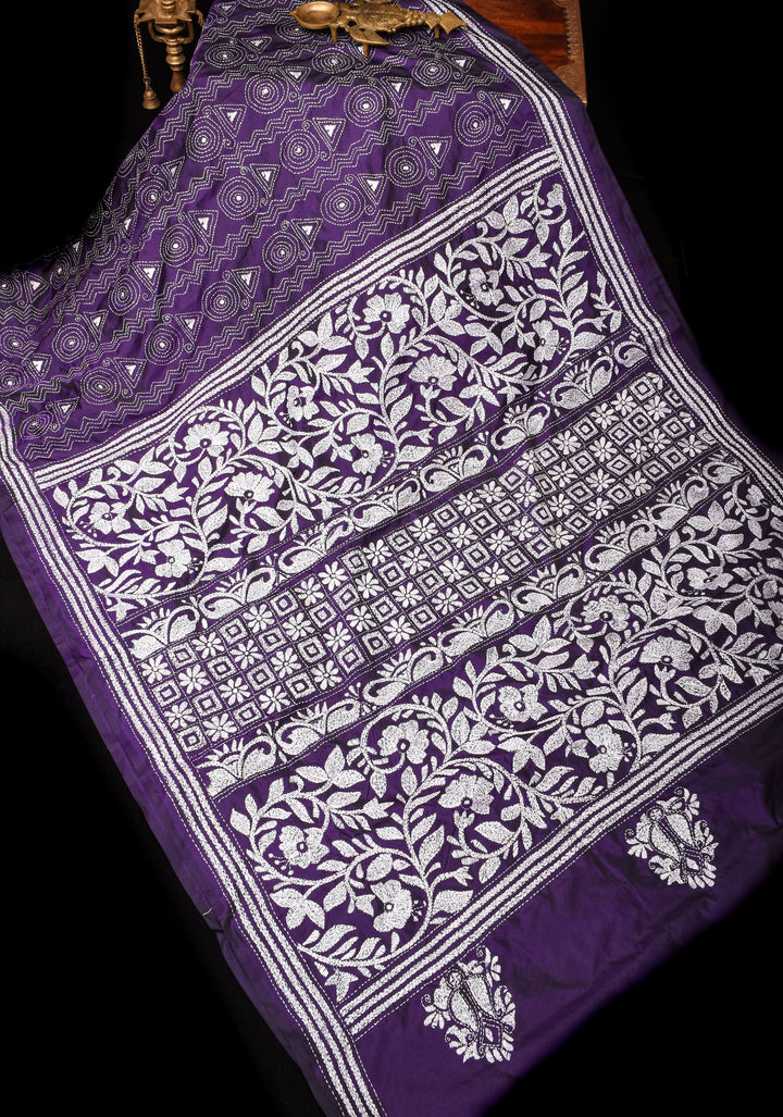 Kantha Embroidery in White Mono Color on Purple art silk saree