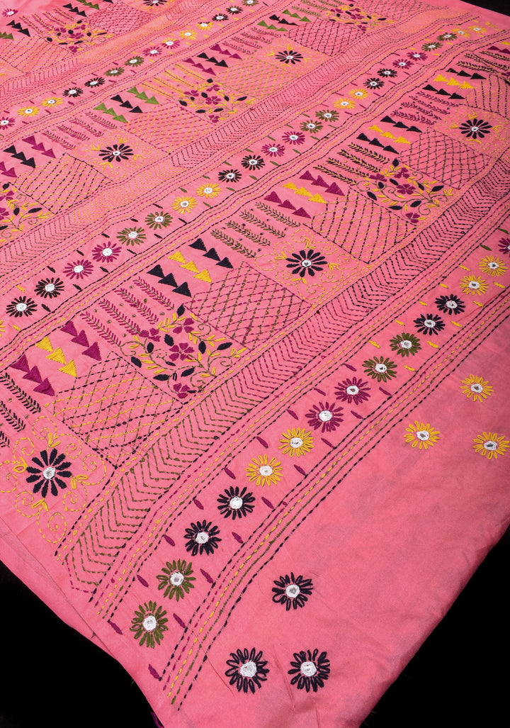 Pink Art Silk Saree with Kantha Mirror Embroidery, Floral Design and Geometric Pallu