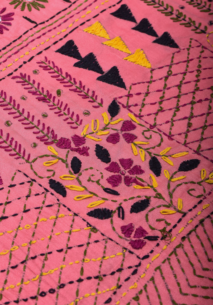 Pink Art Silk Saree with Kantha Mirror Embroidery, Floral Design and Geometric Pallu