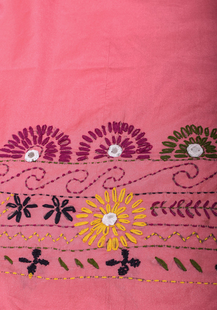 Pink Art Silk Saree with Kantha Mirror Embroidery, Floral Design and Geometric Pallu
