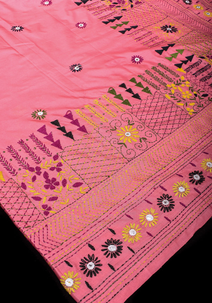 Pink Art Silk Saree with Kantha Mirror Embroidery, Floral Design and Geometric Pallu