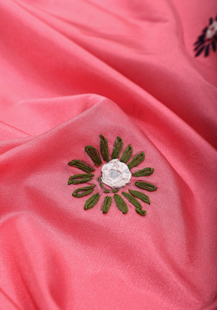 Pink Art Silk Saree with Kantha Mirror Embroidery, Floral Design and Geometric Pallu