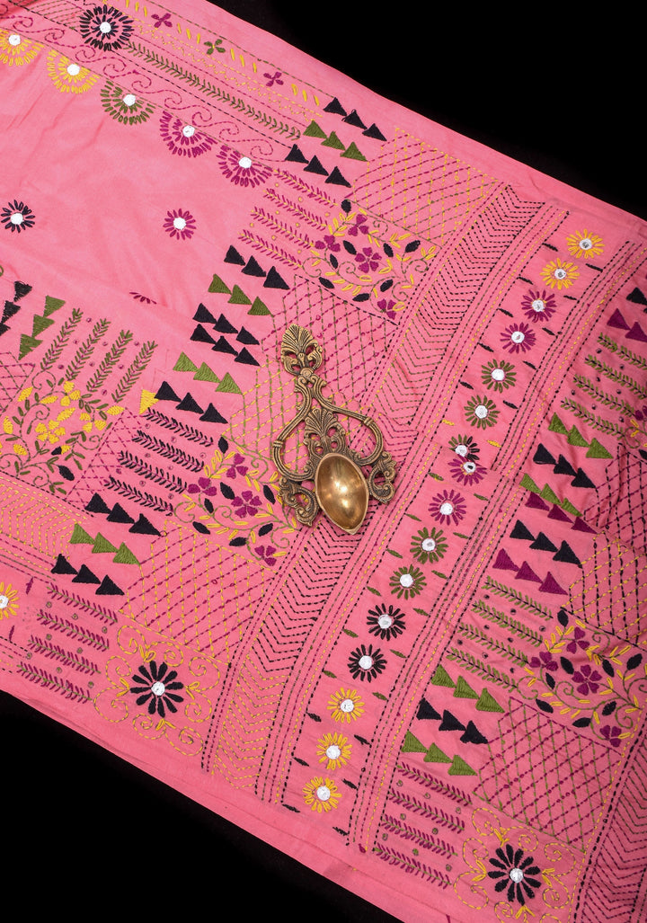 Pink Art Silk Saree with Kantha Mirror Embroidery, Floral Design and Geometric Pallu