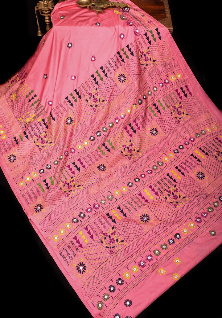Pink Art Silk Saree with Kantha Mirror Embroidery, Floral Design and Geometric Pallu