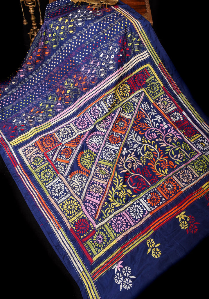 Navy Blue Art Silk Saree with kantha hand Embroidery