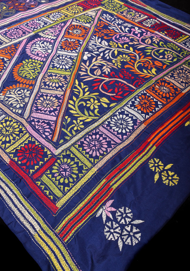 Navy Blue Art Silk Saree with kantha hand Embroidery