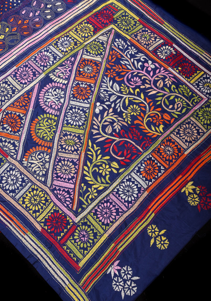 Navy Blue Art Silk Saree with kantha hand Embroidery