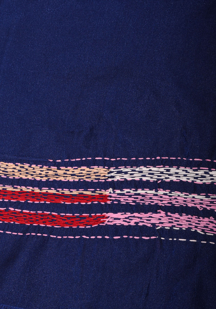 Navy Blue Art Silk Saree with kantha hand Embroidery