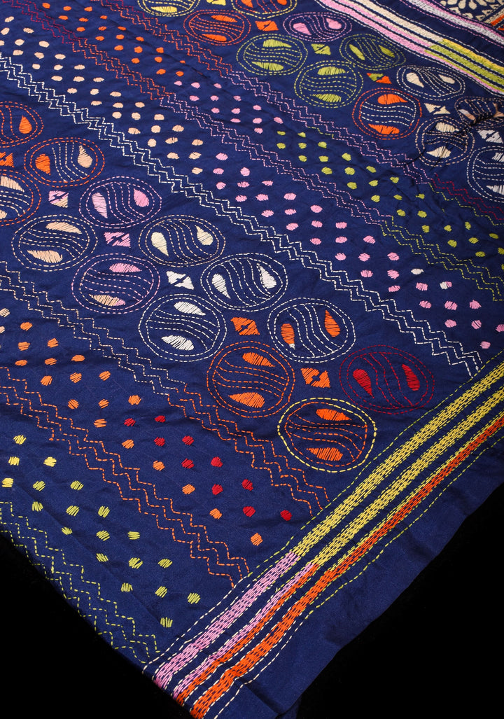 Navy Blue Art Silk Saree with kantha hand Embroidery