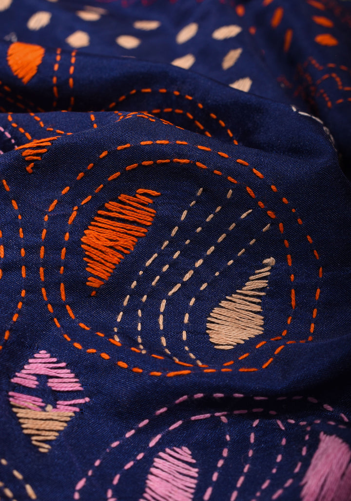 Navy Blue Art Silk Saree with kantha hand Embroidery
