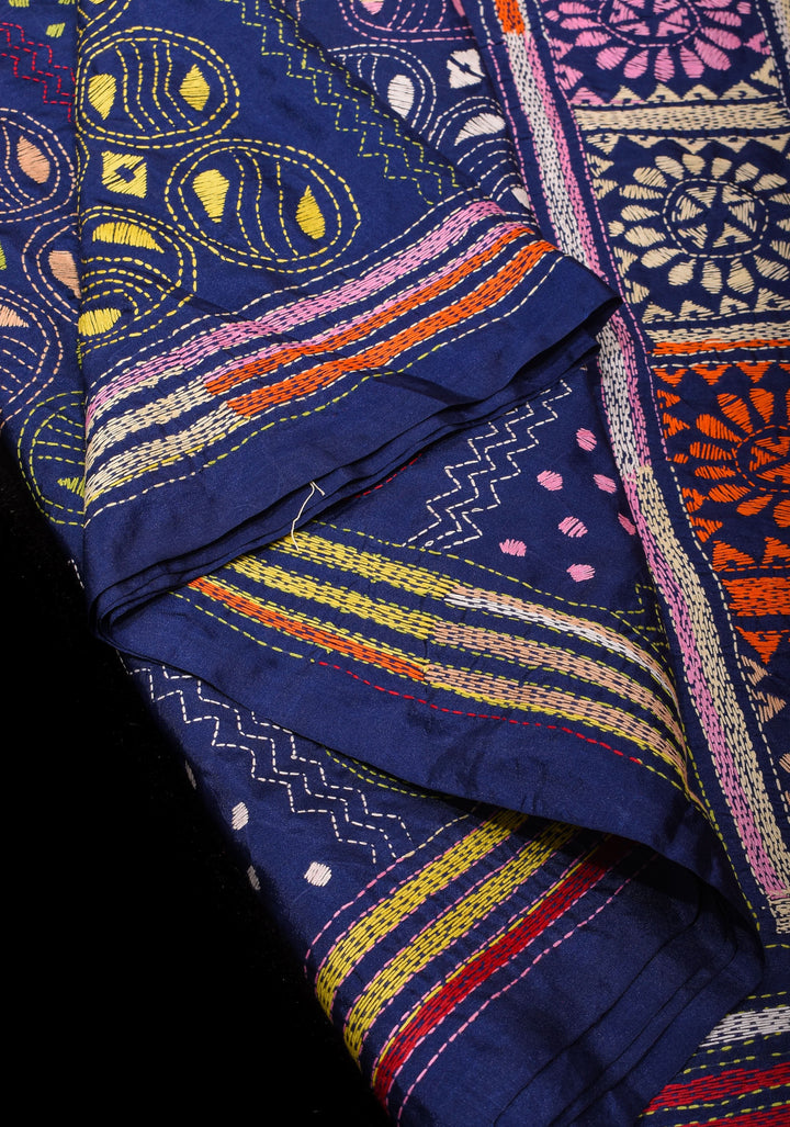 Navy Blue Art Silk Saree with kantha hand Embroidery