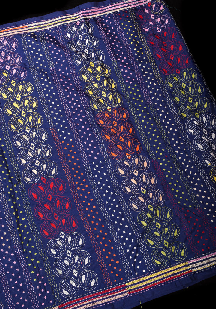Navy Blue Art Silk Saree with kantha hand Embroidery