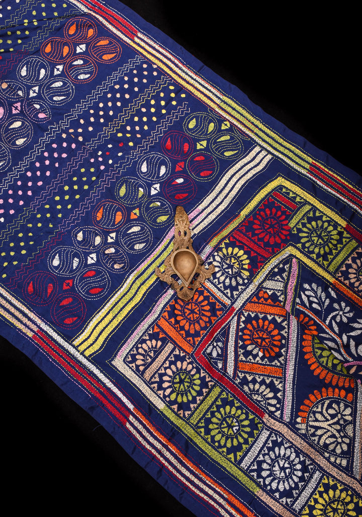 Navy Blue Art Silk Saree with kantha hand Embroidery