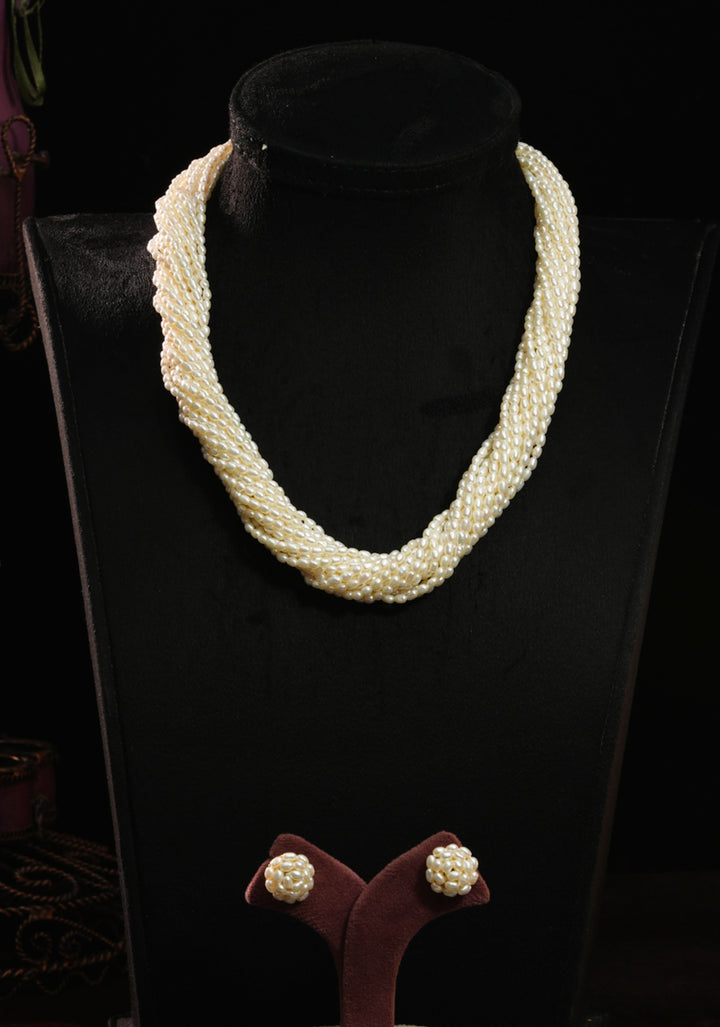 17 Strand Twisted White Rice Pearl Necklace and Earrings Set