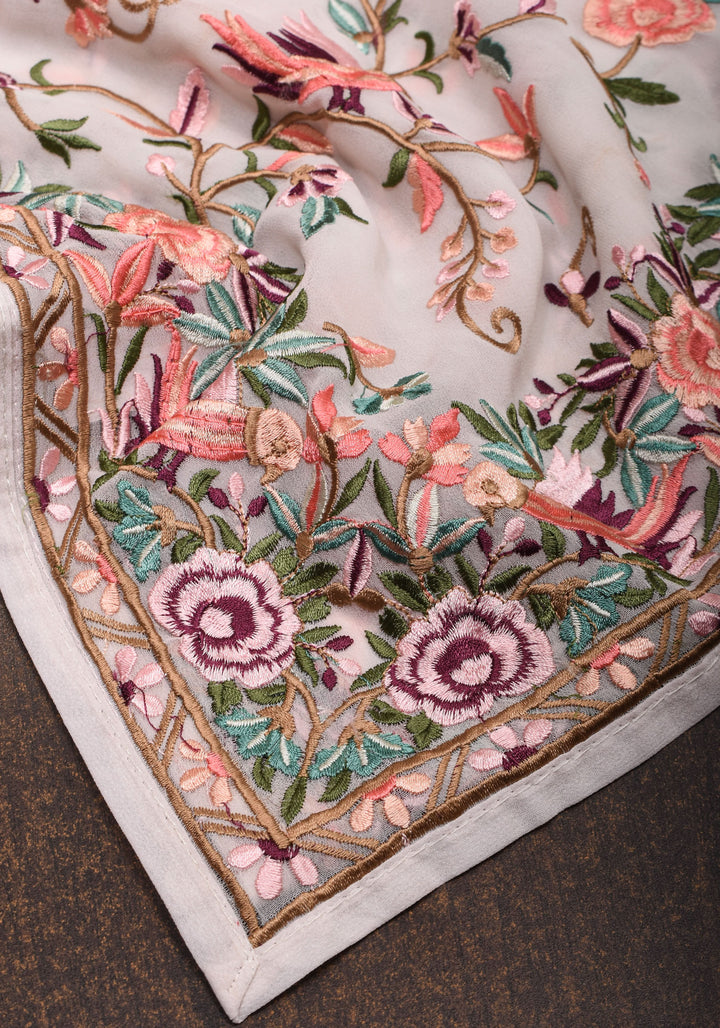 Parsi Gara Design Machine Embroidered Georgette Saree in Chalk White