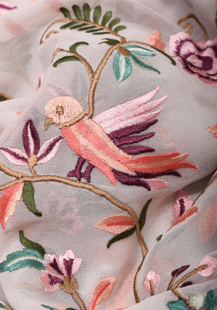 Parsi Gara Design Machine Embroidered Georgette Saree in Chalk White