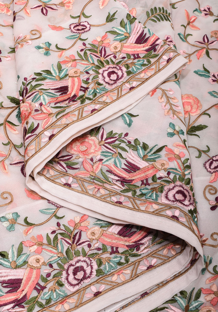 Parsi Gara Design Machine Embroidered Georgette Saree in Chalk White