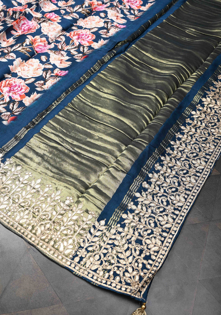 Navy Blue Gajji Silk Saree with Floral Print and Crushed Zari Pallu