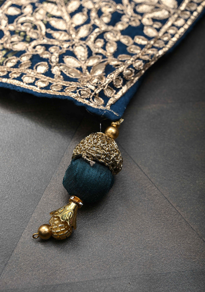 Navy Blue Gajji Silk Saree with Floral Print and Crushed Zari Pallu