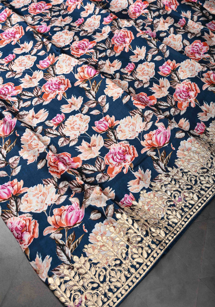Navy Blue Gajji Silk Saree with Floral Print and Crushed Zari Pallu