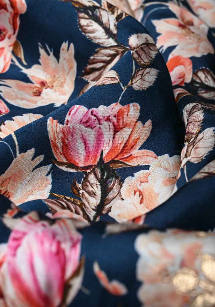 Navy Blue Gajji Silk Saree with Floral Print and Crushed Zari Pallu