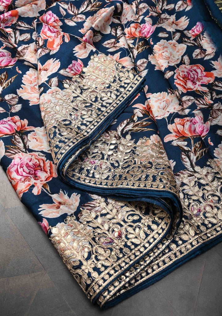 Navy Blue Gajji Silk Saree with Floral Print and Crushed Zari Pallu