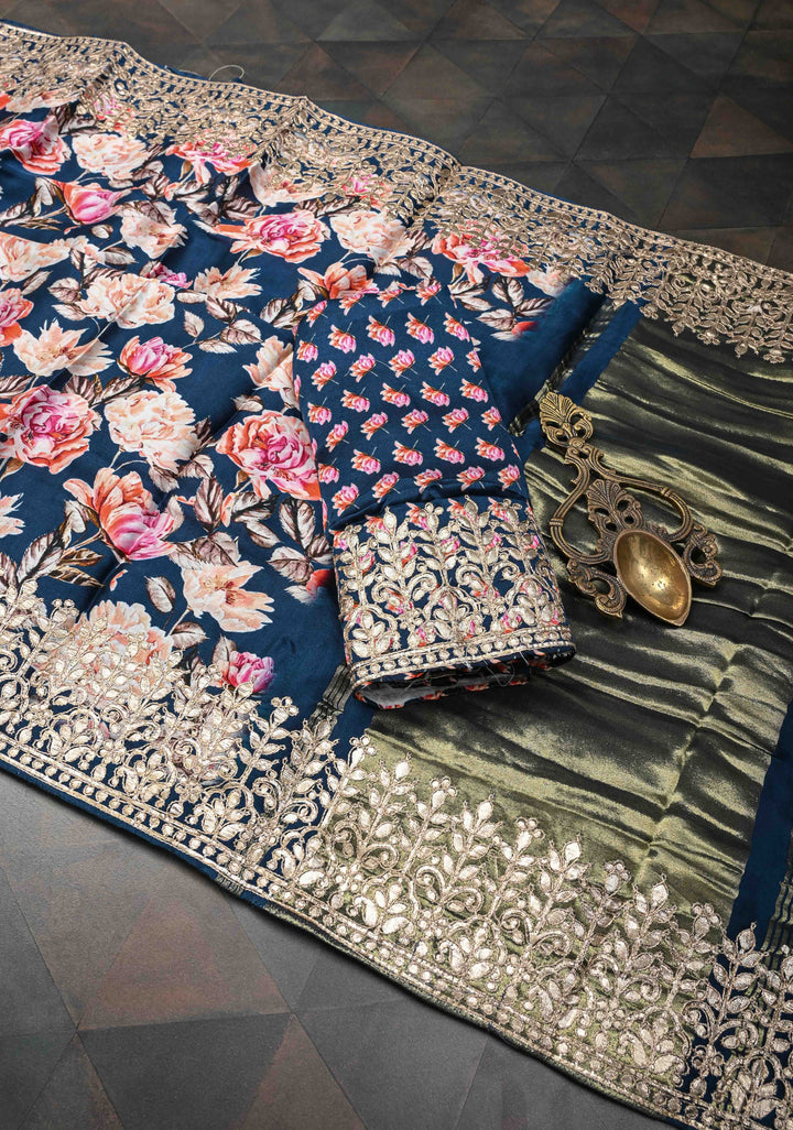 Navy Blue Gajji Silk Saree with Floral Print and Crushed Zari Pallu