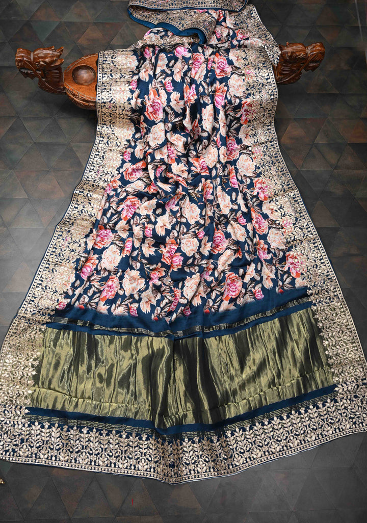 Navy Blue Gajji Silk Saree with Floral Print and Crushed Zari Pallu
