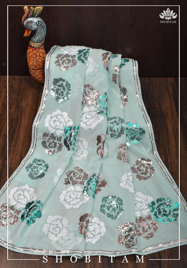 Georgette Saree in Pastel Aqua with Rose Design Sequin work