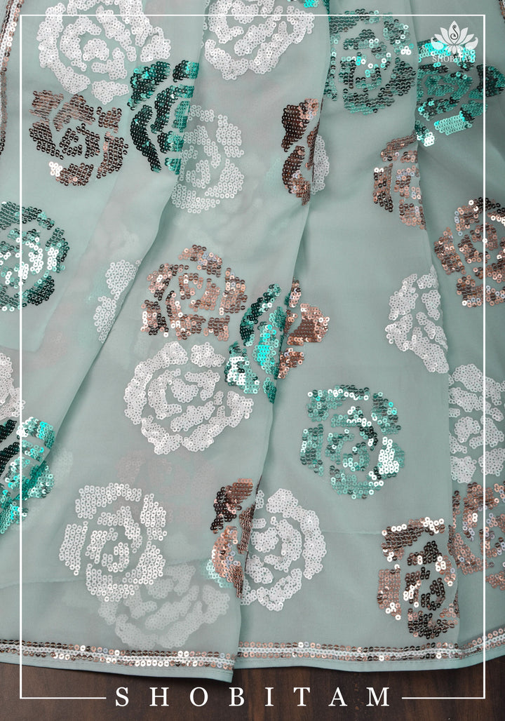 Georgette Saree in Pastel Aqua with Rose Design Sequin work
