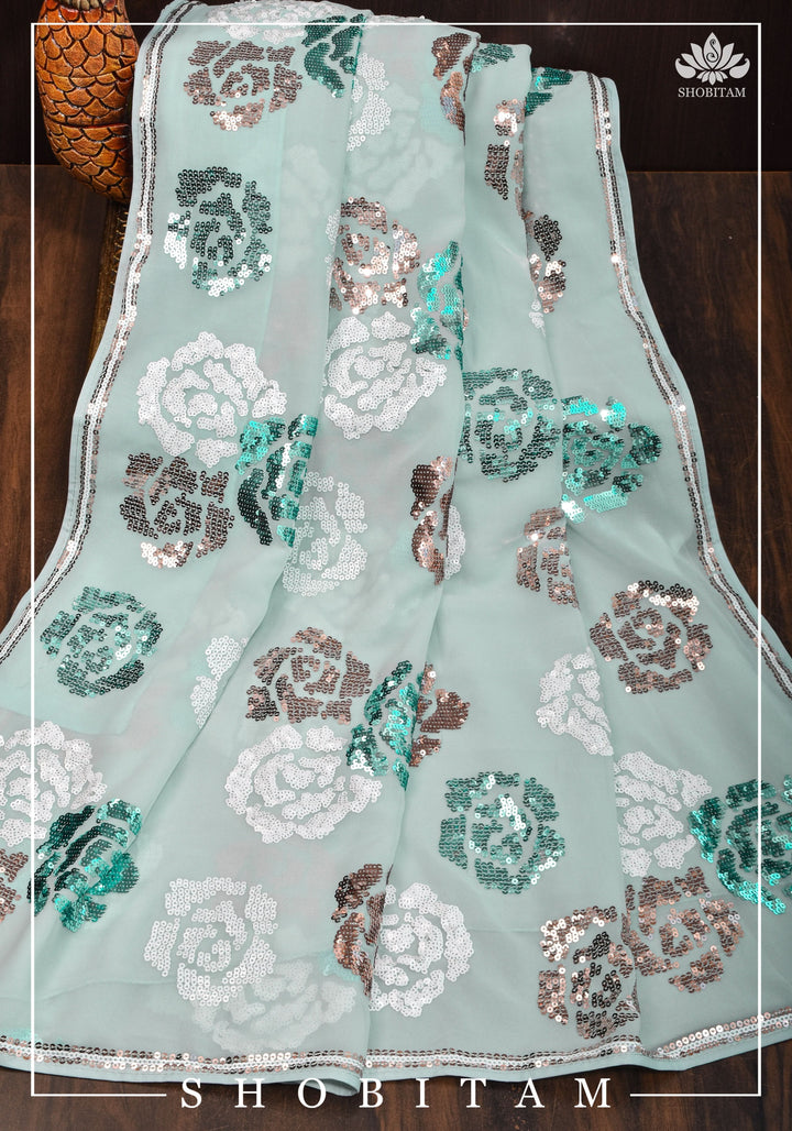 Georgette Saree in Pastel Aqua with Rose Design Sequin work