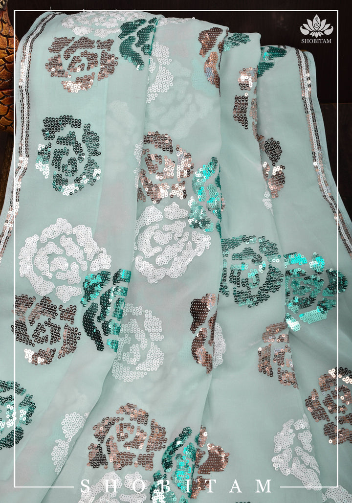 Georgette Saree in Pastel Aqua with Rose Design Sequin work