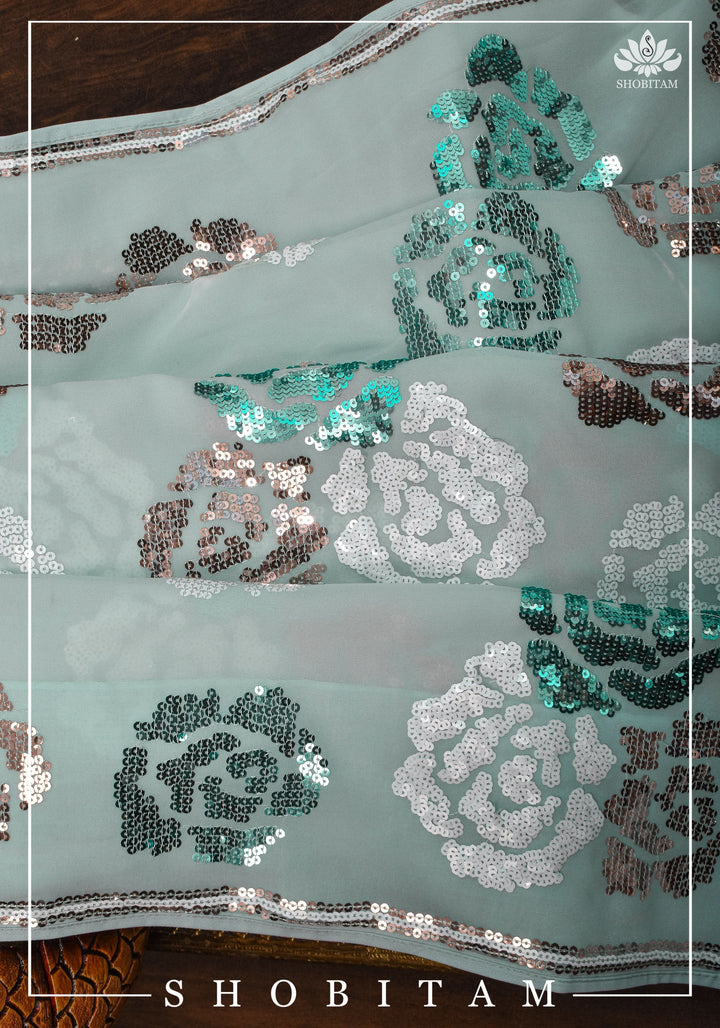 Georgette Saree in Pastel Aqua with Rose Design Sequin work