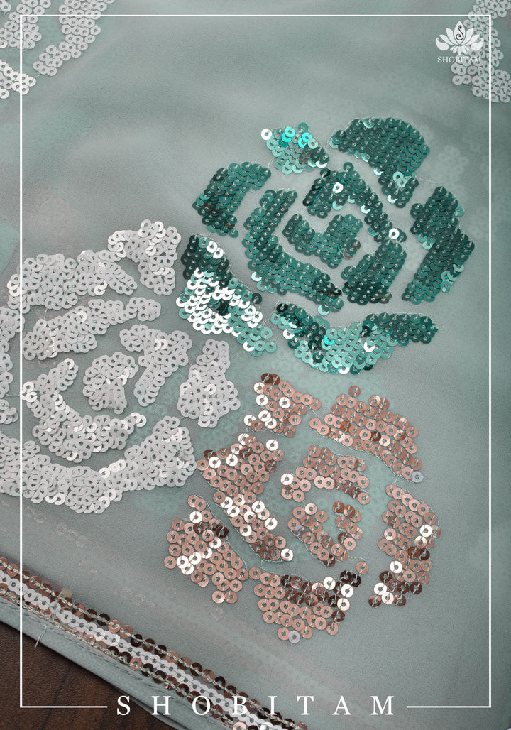 Georgette Saree in Pastel Aqua with Rose Design Sequin work