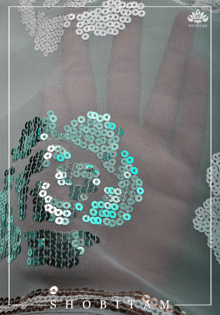 Georgette Saree in Pastel Aqua with Rose Design Sequin work