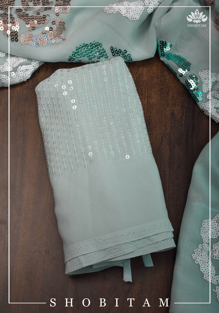 Georgette Saree in Pastel Aqua with Rose Design Sequin work